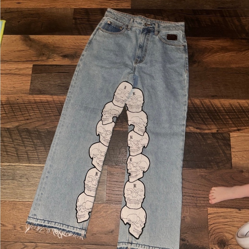 Revenge Clothing Men's Blue Straight Leg Jeans with Skull Design